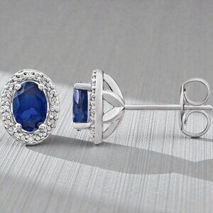 Oval Lab Grown Blue Sapphire and Diamond Halo Earrings in 925 Sterling Silver